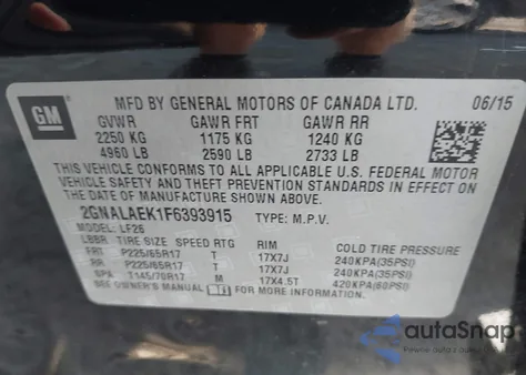 2015 Chevrolet Equinox Ls из США, поврежденный, VIN 2GNALAEK1F6393915